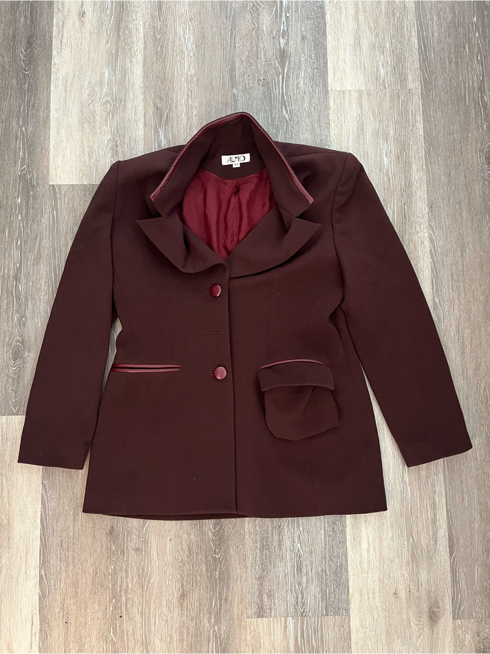 Vintage ALMO Womens Wool Blazer Size 11 Burgundy Statement Collar Office Jacket